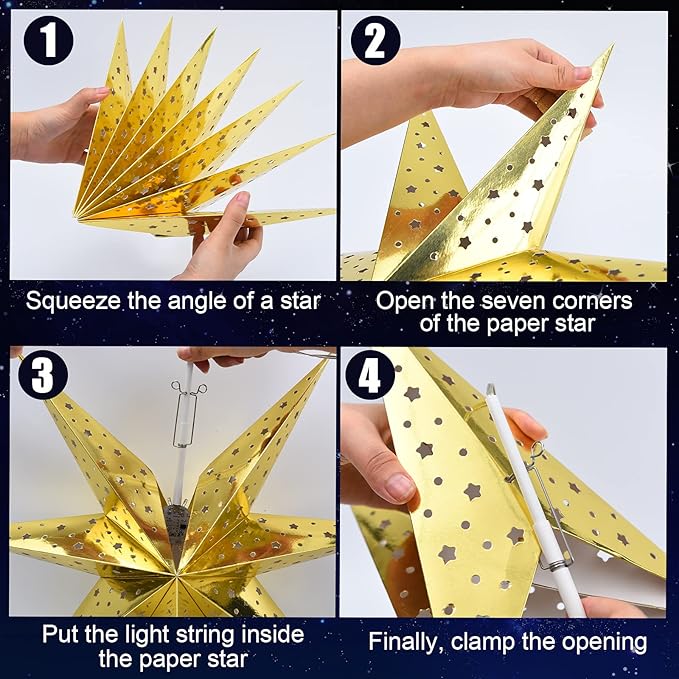 Mudder 19.7 Inch Christmas Star Paper Lantern 7 Pointed Christmas Window Lantern with 10 LED Light Strings Hanging Pendant Xmas Tree Ornaments for Holiday Decor Home(Trendy,Gold)