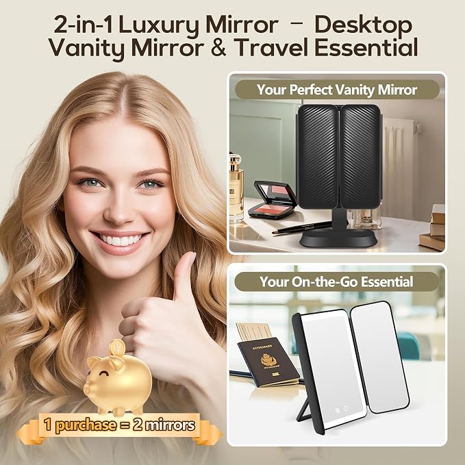 Makeup Mirror with Lights and 30X/10X/5X Magnification, Vanity Mirror with 3 Color Lights, Rechargeable, Detachable, Lighted Makeup Mirror with Magnification, Trifold Mirror, Gifts for Women