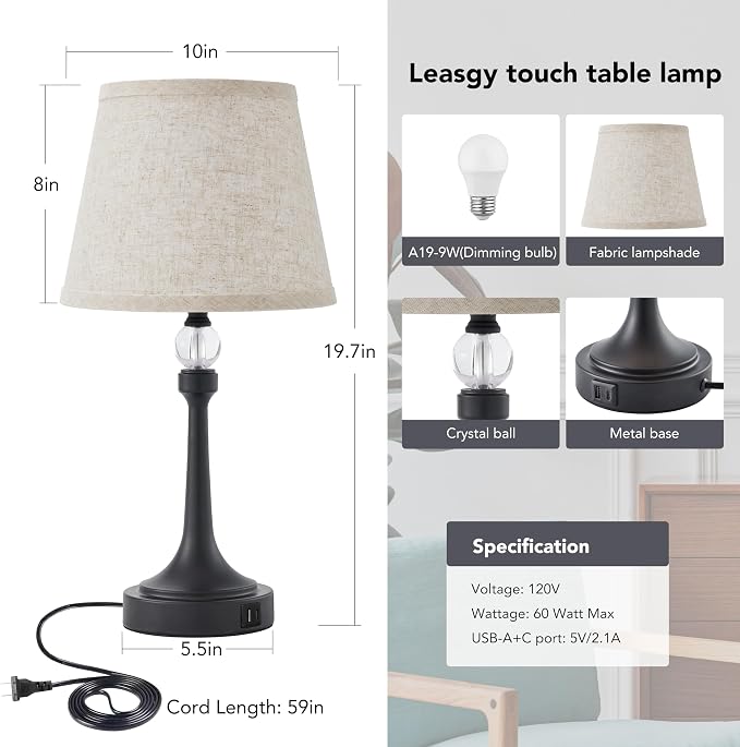 Touch Table Lamp with USB C+A Ports-Black 19.7'' 1pcs | 3 Way Dimmable Table Lamps for Living Room, Metal Small Lamp for Bedroom, Office, End Table, Home Decor, Bulb Included