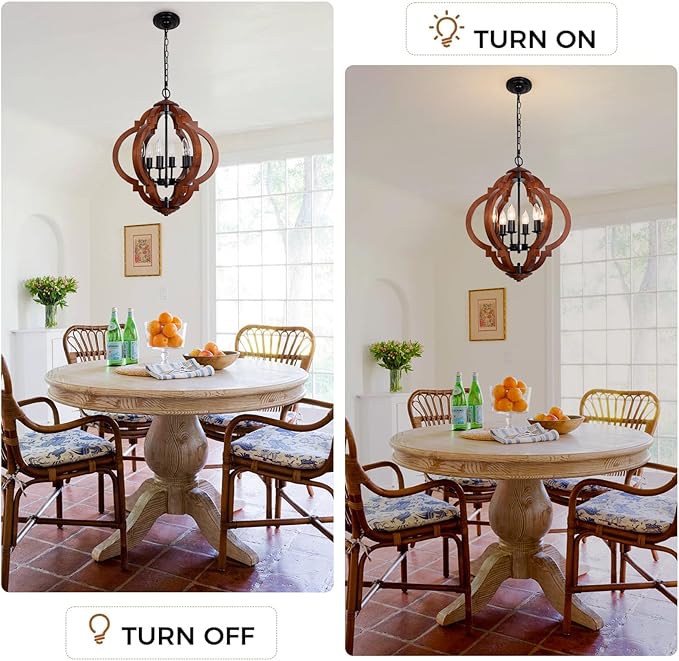 6-Light Farmhouse Chandelier, Red Wood and Black Metal Rustic Light Fixture, Industrial Dining Room Chandelier for Kitchen Island, Entryway, Foyer, Bedroom, Living Room