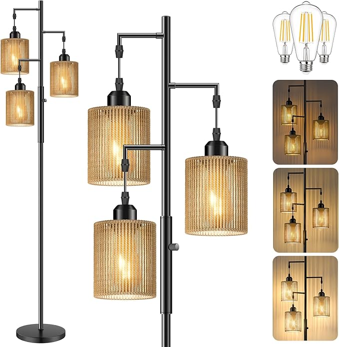 Hotsonic 72" Rattan Boho Floor Lamp, Tall Dimmable Standing Lamp with Handcrafted Brown Shade, Industrial Tree Floor Lamps for Living Room, Bedroom, Study Room, Office (3 x 800LM Bulbs Included)-Black