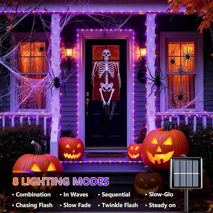 YEGUO Solar Halloween Lights Outdoor Waterproof, 66ft 200 LED Purple and Orange Solar Rope Lights, 8 Modes Fairy Lights in Clear Thin Tube