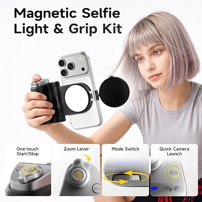 7RYMS 7Rig G1 Camera Grip & 7Lite L1 Selfie Light Creator Kit | Compatible with iPhone and Android. Perfect for Photography, Vlogging, Zoom Meeting, Selfies and Video Creation (Black)