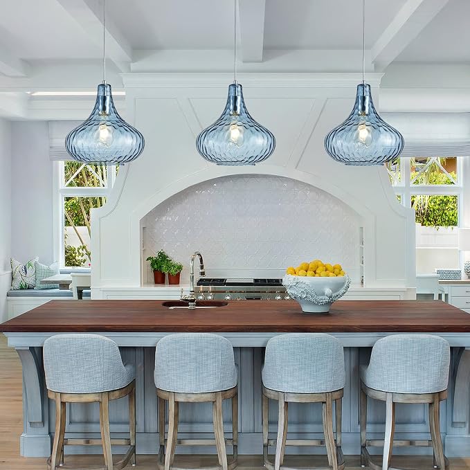 11 Inch Blue Hammered Glass Pendant Light Brushed Nickel Ceiling Lamp | Adjustable hanging cord, warm soft diffused light, decor for dining space, kitchen island, hallway and living room