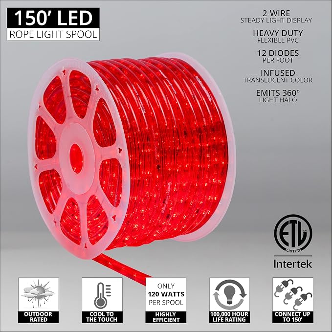Wintergreen Lighting 150ft 1800 LED Commercial Grade Red Rope Light Kit, Heavy Duty Indoor-Outdoor, 120V, ½ Inch, 2-Wire