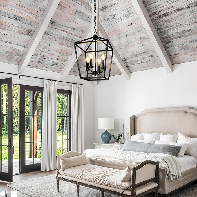 Black Farmhouse Chandelier, 4-Light Foyer Lighting Fixtures for Dining Room | Industrial Kitchen Lantern chandelier Over Table, Pendant Island Ceiling Light for Entryway, Metal Cage Adjustable Height