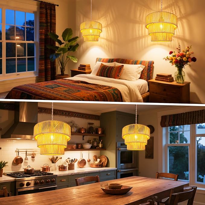 Maliralt Rattan Pendant Light Hanging Lamps - 16.4ft Plug in Cord Hanging Light Fixture Plug Into Wall Outlet Pendant Lighting with On Off Switch for Bedroom Living (3-Tier Rattan Lamp Shade)