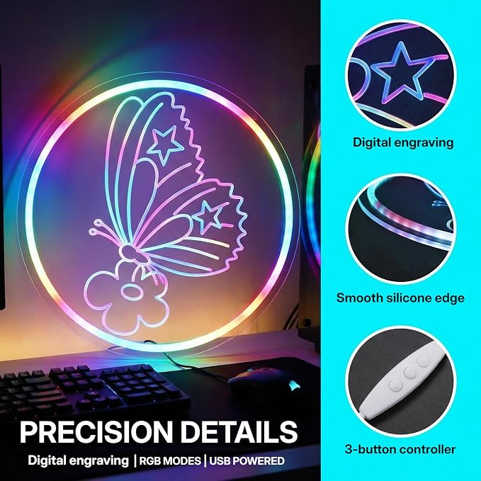 Butterfly Decorations - Single Color/Multi-Color Dimmable Neon Sign | 13“ x 13” 6.5ft USB Powered Kids Bedroom Art, Unique Birthday Gifts for Girls Boys