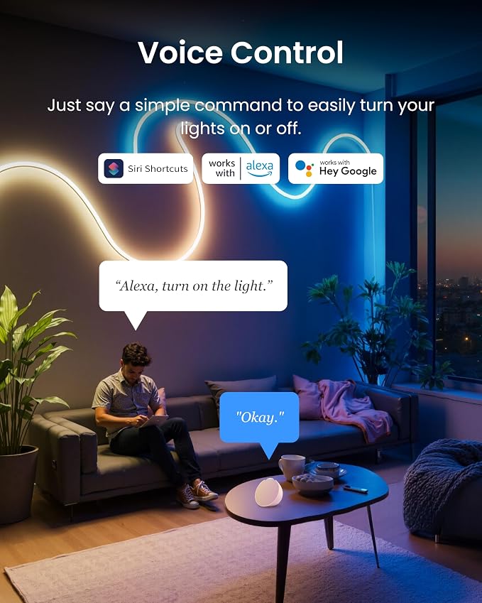 SwitchBot RGBIC Neon Rope Lights, Voice Control Wire Rope Light, DIY Flexible Steel-Core Lights for Wall & Bedroom, Works with Apple Home/Siri, Alexa & Google, Music Sync, 16M Colors — Christmas décor