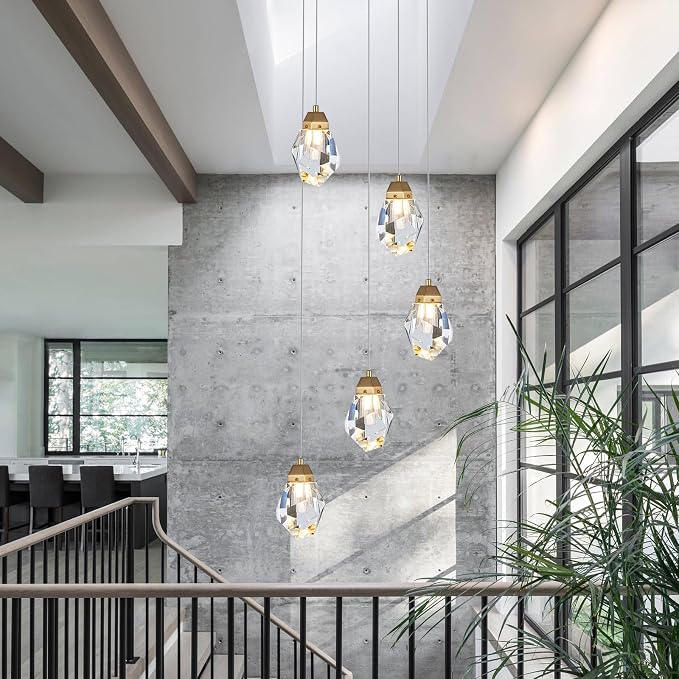 Dimmable Brass Gold Crystal Pendant Light - Modern 5-Light Diamond Chandelier for Kitchen Island, Dining Room, Hallway, and Bathroom