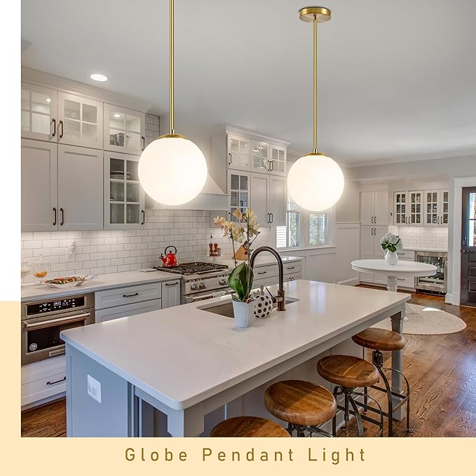 10" Globe Pendant Light Gold 2 Pack Mid Century Pendant Light Globe Pendant Lights Kitchen Island Brushed Brass Finished with Milk Glass Adjustable Ceiling Light Fixtures for Dining Room Bar