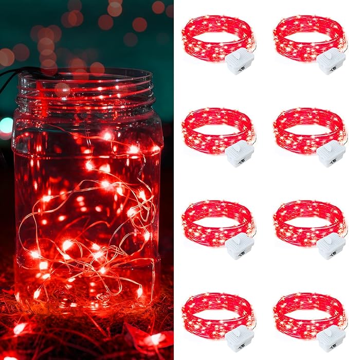 8 Pack Red Fairy Lights Battery Operated, 7ft 20 LED Mini String Twinkle Lights for Valentine's Day Easter Christmas Mason Jars Centerpiece Table Decorations (8, Red)