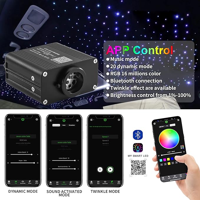 16W Compact Size Fiber Optic Light Box for Starlight Headliner, Twinkle & Music Mode, Control by Bluetooth App/RF Remote Control, Car Plug & Power Adapter, PG Connector & 3 Drill Bits