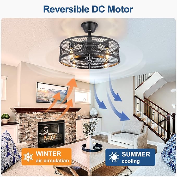 DLLT Caged Ceiling Fan with Light: 20" Farmhouse Fandelier with Lights and Remote & APP - Black Rustic Semi Flush Mount Bladeless Ceiling Fans Enclosed Fan for Bedroon Kitchen Living Dining Room