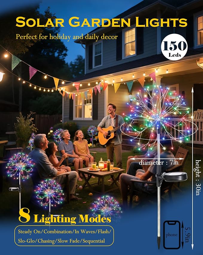 Solar Garden Lights Outdoor Yard Decorations, 8 Pack 150Leds Pathway Lights, Fairy Firework Stake Light for Garden, Patio, Pathway, Flowerbed Multicolor