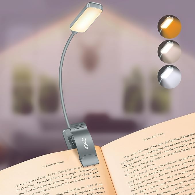 Gritin 9 LED Rechargeable Book Light for Reading in Bed | Eye Caring 3 Color Temps,Stepless Dimming Brightness,80 Hrs Runtime Small Lightweight Clip On Book Reading Light-Pacific Blue