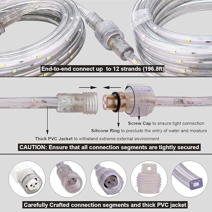 33ft Strip Lights Outdoor, LED Flat Flexible Rope Lighting, 3000K Soft White, Waterproof Connectable Décor Lights for Bedroom Living Room Garden Patio Pergola Christmas Party
