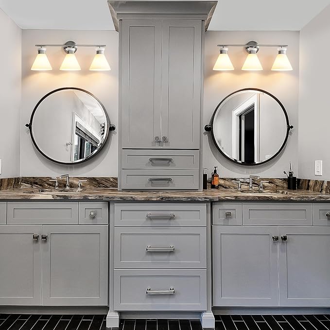 WOSHITU Nickel Bathroom Vanity Light Fixtures: Vanity Lighting Fixtures Over Mirror 23.4 inch with Milky White Frosted Glass, 3-Lights Vanity Light Above Mirror Bathroom Wall Light(Exclude Bulb)