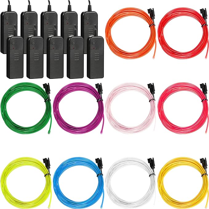Hortsun 15 Pack 7ft Neon Light El Wire Portable Cuttable Neon Glowing Battery Powered LED Lights Glow in The Dark with Battery Pack for Halloween Party