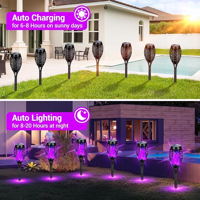 Purple Halloween Solar Lights Outdoor with Flickering Flame, 10 Pack | Halloween Decorations Solar Torch Lights, Waterproof Solar Halloween Lights Tiki Torches for Outside Patio Pathway Yard Decor