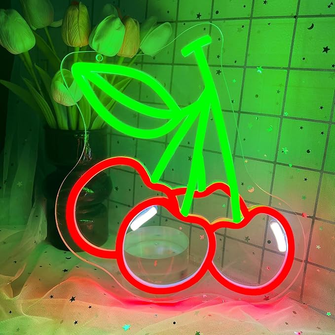 Cherry Neon Sign Cute Red Green Cherries LED Neon Light for Wall Decor Dimmable USB Fruit Light Up Sign for Boys Girls Room Restaurant Birthday Party bar Fruits Shop Decorations
