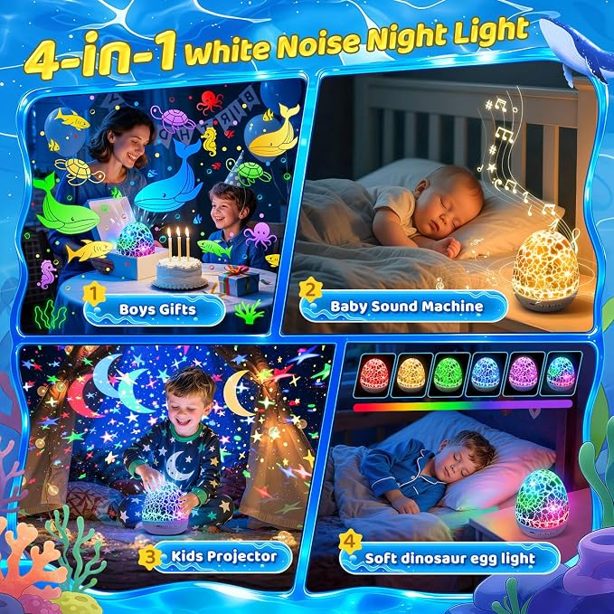 Star Projector Night Light for Kids, 6 Films & 15 Lullabies White Noise Sound Machine, Sensory Toys for Boys Toddlers, 360 Rotation Remote Timer Dino Egg Lights for 1-9 Boy Birthday Gifts