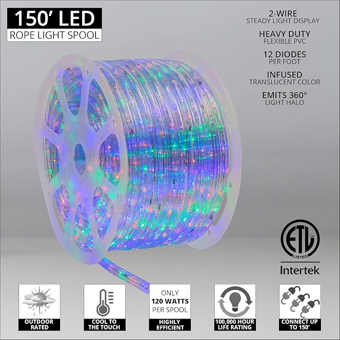 Wintergreen Lighting 150ft 1800 LED Heavy Duty Rope Light Spool, 120V ETL Indoor Rope Lights Plugin Outdoor Tube Lights ½ Inch, Accessories and Mounting Clips Included, Multicolor