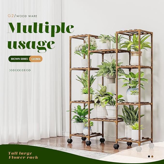 GENTINGBRO Plant Stand with Wheels Outdoor Indoor Hanging Plant Shelf for Multiple Plants Tall Large Holder for Living Room Patio Balcony Garden Corner Mobile
