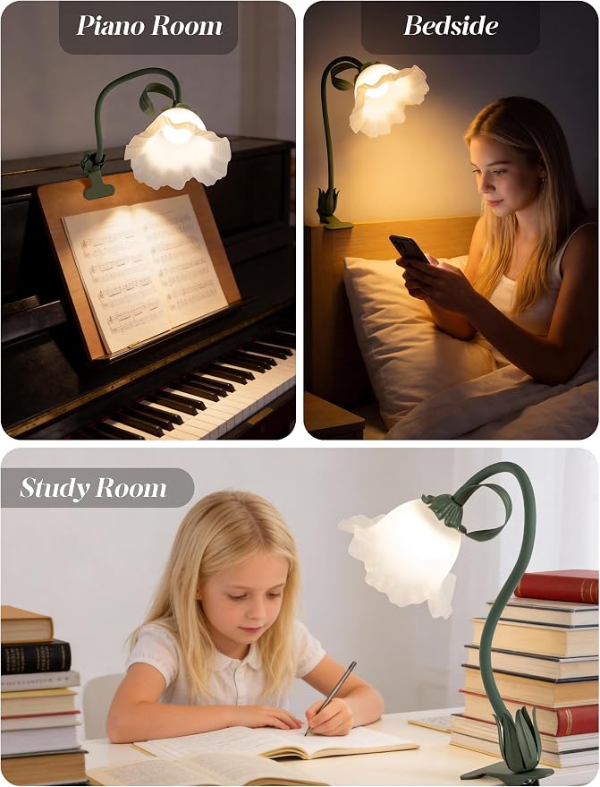 Flower Clip On Desk Lamp for Home and Dorm - Cute Floral Clip On Bedside Book Reading Light, Green Flower Bunk Bed Lighting, Kawaii Led Flexible Gooseneck Table Lamp for Headboard with Clamp