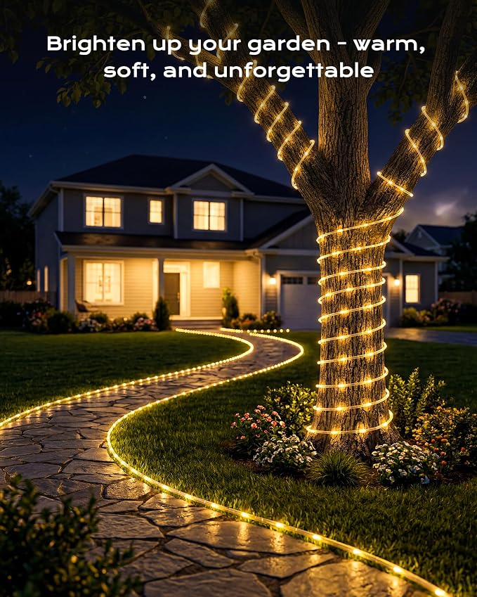 Brightown 39FT 100LED Warm White Solar Rope Lights Waterproof | IP65 waterproof solar fairy lights with 8 lighting modes, solar powered, perfect decor for yard, garden and outdoor tree
