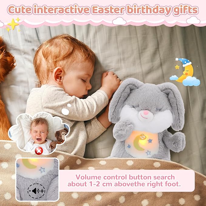 Breathing Stuffed Animal, Soothe Snuggle Bunny Plush, Sleep Buddy Soothing Stuffed Bunny for Anxiety Adults and Kids, Volume Control Easter Bunny Gifts with Realistic Breathing and Lights Music