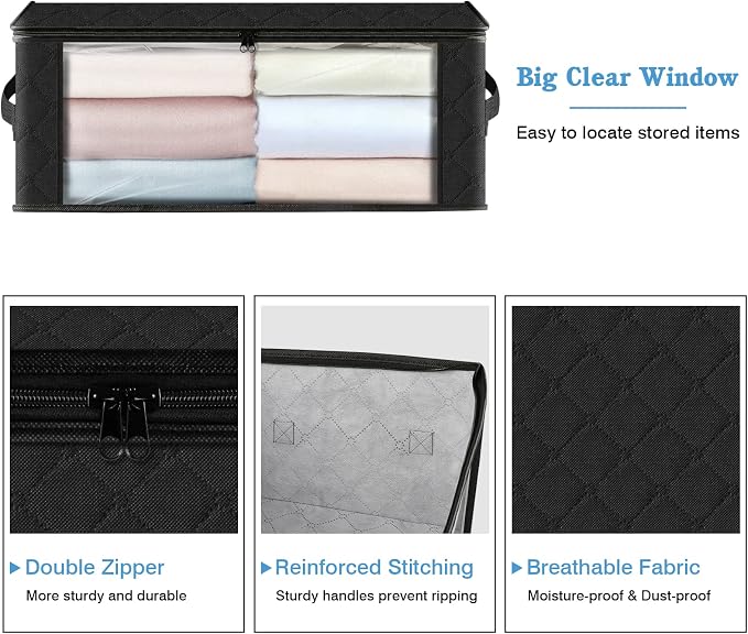HomeHacks 8-Pack Clothes Organizer Storage Bags, 35L Storage Bins, Black | Foldable Storage Box Container with Zippers, Clear Window, Reinforced Handles for Closet, Dorm, Pillows, Bedding, Sweater