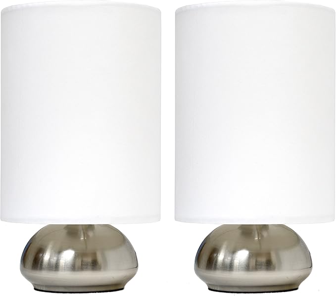 Simple Designs LT2016-IVY-2PK Gemini Brushed Nickel 2 Pack Mini Touch Lamp Set with Fabric Shades, Ivory
