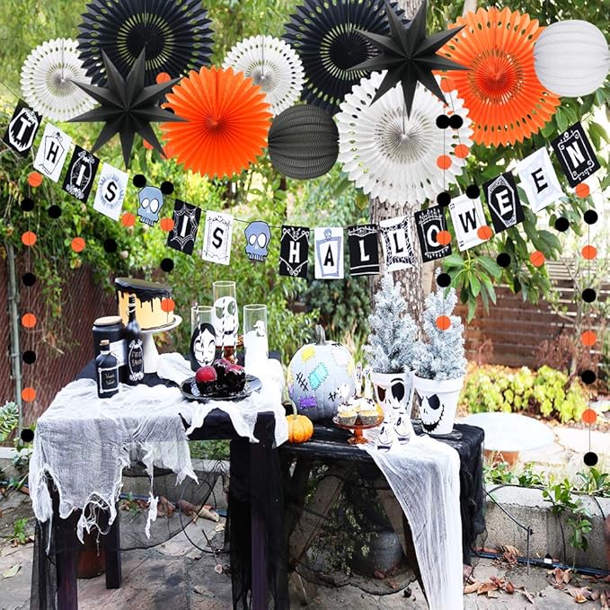 ADLKGG Orange White Black Halloween Decorations, Hanging Tissue Paper Fans Circle Garland Paper Lanterns for Graduation Wedding Anniversary Birthday Backdrop Decor