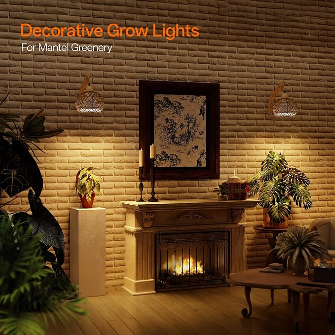 Hanging Grow Lights for Indoor Plants,3800K | 18W Wall-Mounted Decorative Grow Light with Boho Rattan Lantern Shade, 9.8FT Power Cord, for Indoor Plant Growing, Flowers