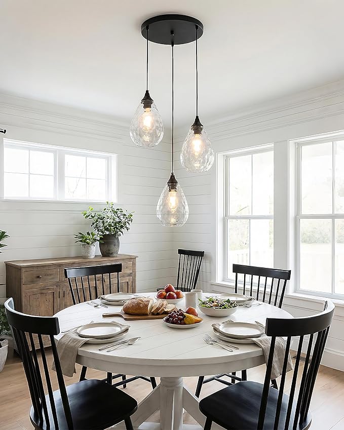 Black 3-Light Pendant Lighting, Modern Dining Room Light Fixture Over Table with Hammered Glass, Cluster Hanging Lights for Kitchen Island Dining Room