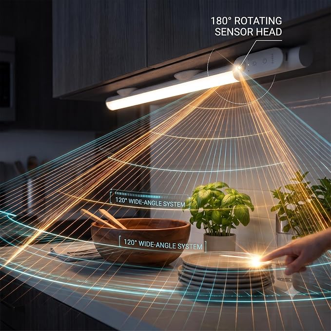 Motion Sensor Closet Lights 15.4",1800mAh Rechargeable Under Cabinet Lighting,180° Rotatable Head & 120° Sensor Wireless Closet Light, 180LM Cabinet Lights, 3 Color Modes Stick on Lights (2Pack)