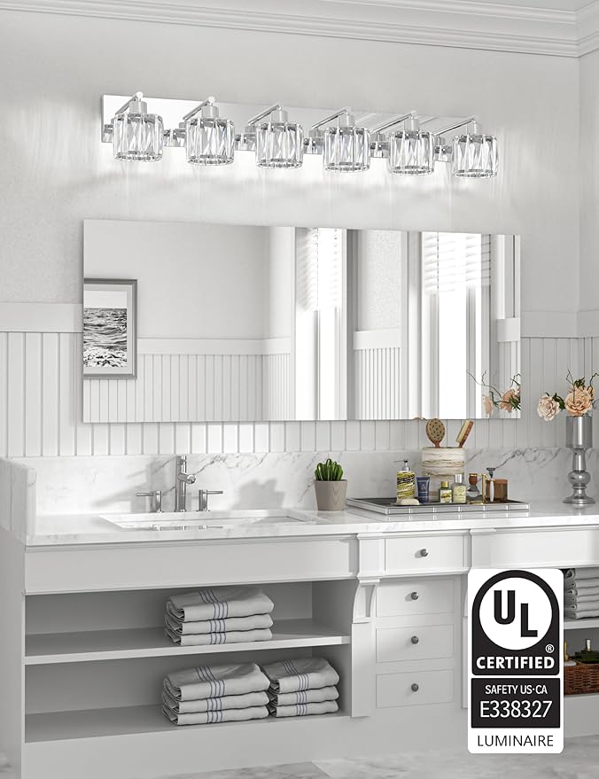 VOLISUN Crystal Vanity Lights - 6 Light Modern Stainless Steel Bathroom Light Over Mirror, Chrome Finish - UL Certificated (Exclude Bulb)