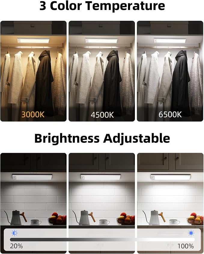 EZVALO 3000mAh Under Cabinet Lights,150LM Motion Sensor Light Indoor 3 Color Temps, Rechargeable 3 inch Wide Body Closet Light Dimmable, Wireless Under Counter Lights for Kitchen 8 inch