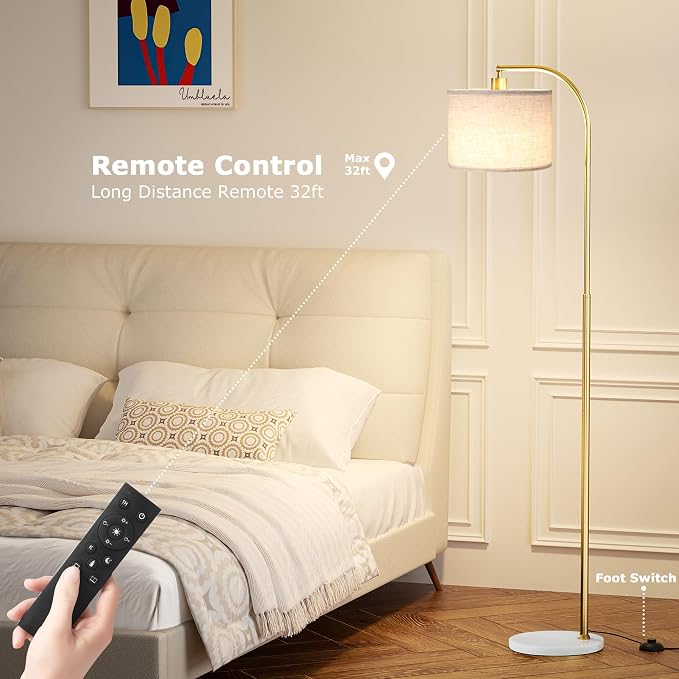 Arc Floor Lamp with Remote and Stepless Dimmable Bulb, Colors Temperature & Brightness Adjustable, Gold Pole & Marble Base