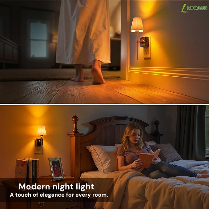 L LOHAS LED Night Lights Plug into Wall, Pleated Fabric Cover Night Light | Amber Night-light with 0-100LM Dimmable, Dusk to Dawn Sensor Vintage Nightlight for Bedroom Living Room Hallway