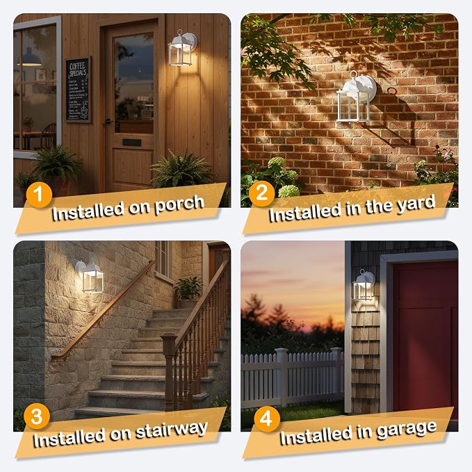 Outdoor Wall Light Fixture Dusk to Dawn, Rustproof Aluminum, LED | Exterior Porch Light Wall Sconce Lantern for House, Patio, Garage, Waterproof, Glass, 9.5W 800 Lumen, 3000K, White, 2 Pack
