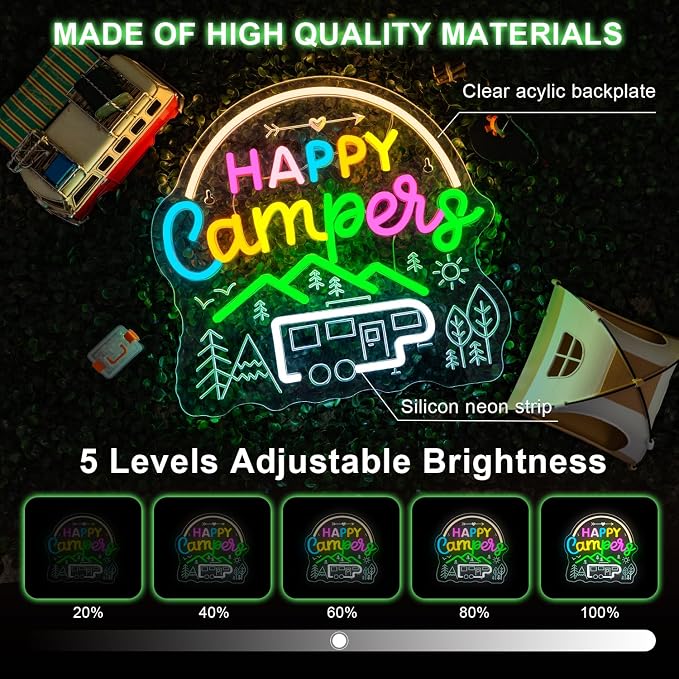 Camping Neon Sign Car Neon Signs for Wall Decor Happy Camper Sign Lights Up Van Life Travel Trailer LED Camping Decor for Inside Outdoor Decorations Camper Gifts for Teens Picnic Lovers