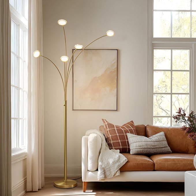 Brightech Orion Arc Floor Lamp for Living Room, Tree Floor Lamp with 5 Adjustable Arms, Multi-Head Standing Lamp with Flexible Rotating LED Lights for Bedroom, Dorm - Bright Hanging Lighting - Brass