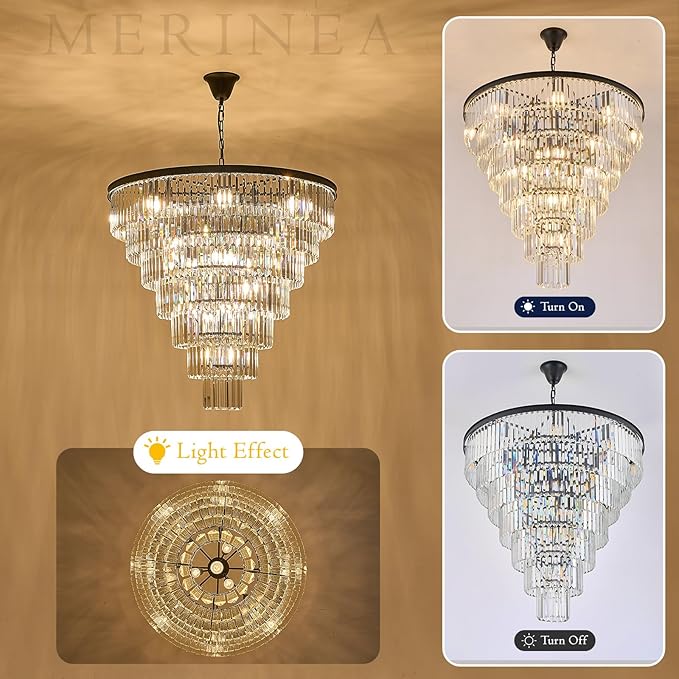 Large Black Crystal Chandelier 36" Round Chandeliers for Staircase Modern 22 Lights 7-Tier Luxury K9 Crystal Ceiling Pendant Lighting Fixture for High Ceiling Living Room Foyer