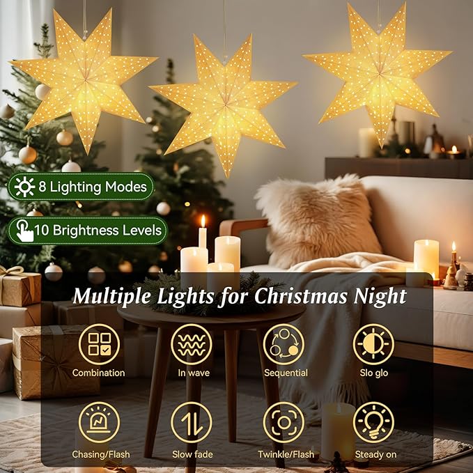 Lewondr Christmas Paper Star Lantern 3 Pack, Hanging 7-Pointed Star Lights with Hollowed Dots, LED Paper Lanterns with 6H Timer for Holiday Home Decoration, with Remote Control, Warm Light