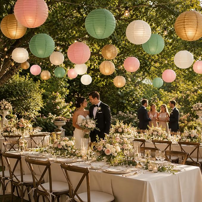 21-Pack Pink, Sage Green & Brown Paper Lanterns, Pastel Party Decor | Round Hanging Set for Woodland Birthdays, Baby Showers, Bridal Events, Boho Weddings, Classroom & Office Decor