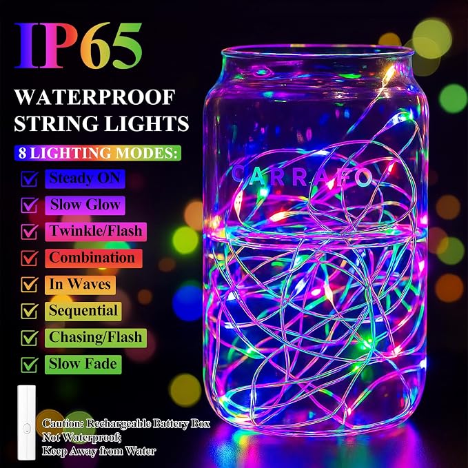 33FT 100LED Multicolor Fairy Lights, Rechargeable Battery Operated String Lights with Timer, 8 Modes Waterproof Mini Twinkle Lights for Bedroom Dorm Garden Wedding Party Centerpiece Table Decor