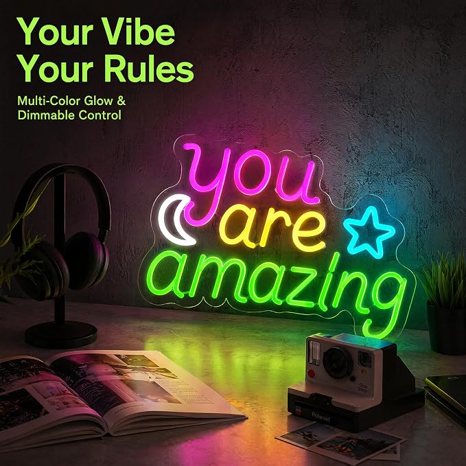 You Are Amazing Neon Sign - Pink/Yellow/Green Moon & Stars Wall Decor | 15.7"x9.8" Bedroom Light with Dimmer, 6.5ftUSB Powered, Hanging Chian Included