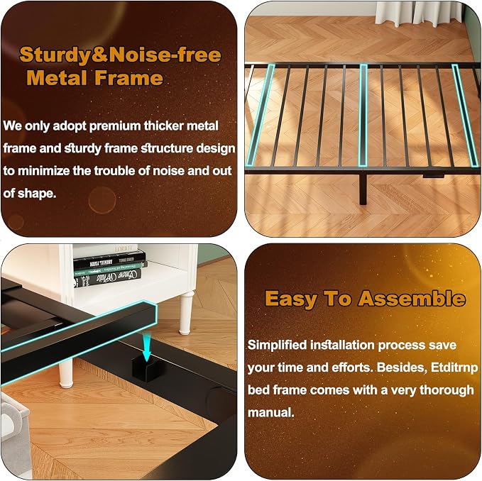 Twin Bed Frame with Charging Station, LED Light and PU Leather Upholstered Headboard, Platform Bed Frame with Under-Bed Storage, Easy Assembly, Noise Free, No Box Spring Needed, Black